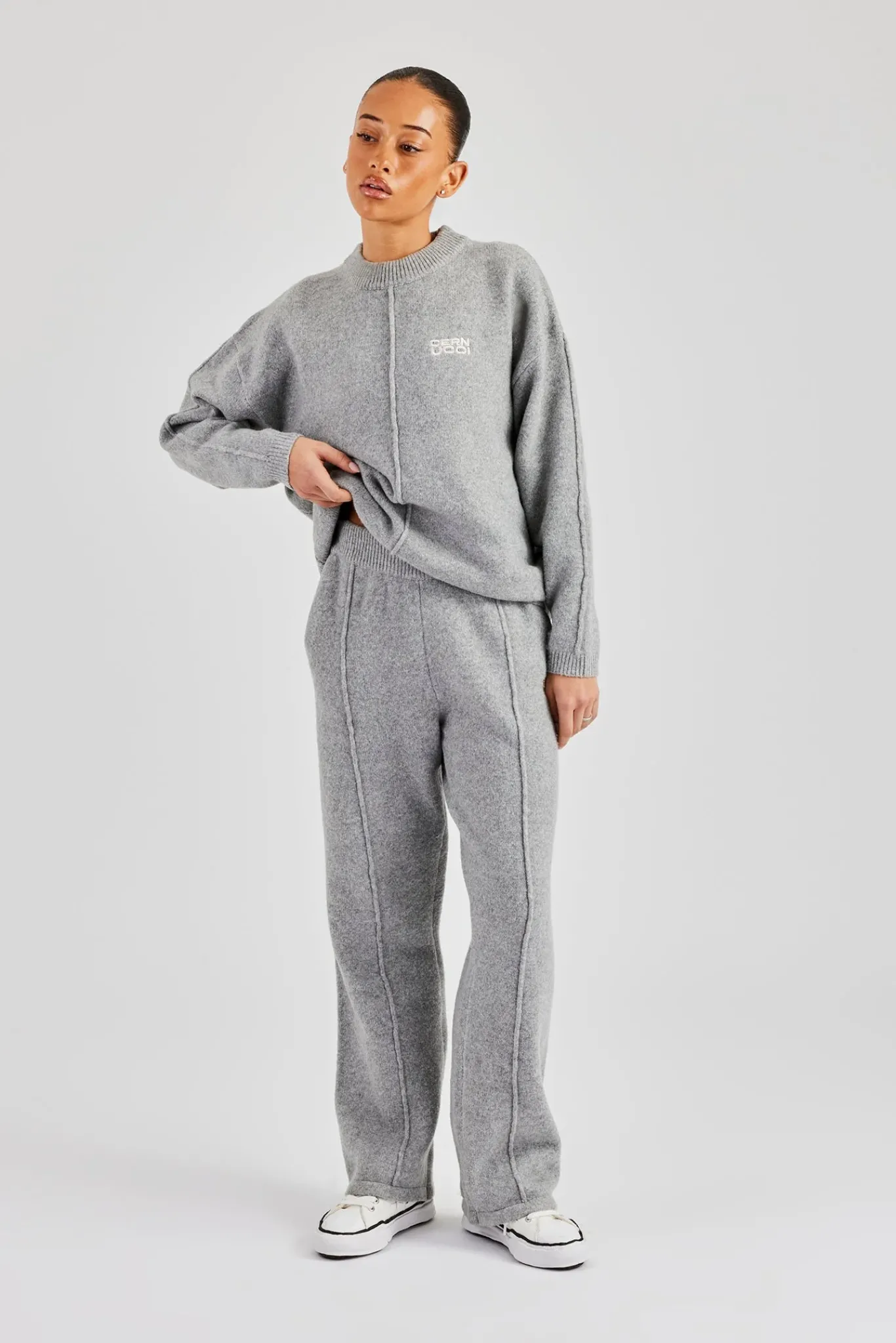 Women CLO-SET-KTW Seam Detail Knitted Sweatshirt & Wide Leg Jogger - Grey
