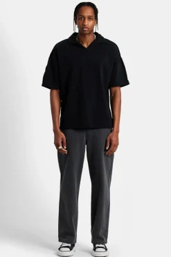 CLO-TOP-HS-SWE Short Sleeve Exposed Seam Collared Sweatshirt - Black