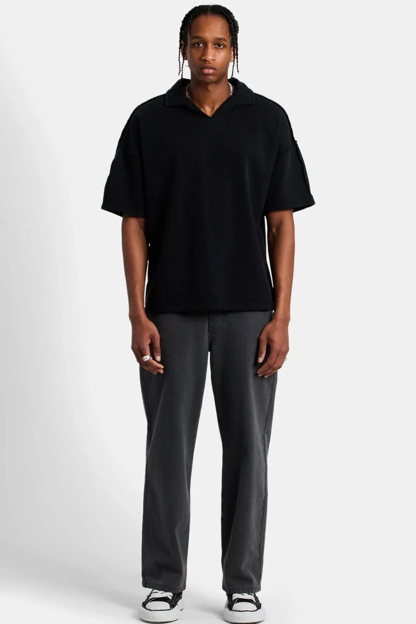 CLO-TOP-HS-SWE Short Sleeve Exposed Seam Collared Sweatshirt - Black