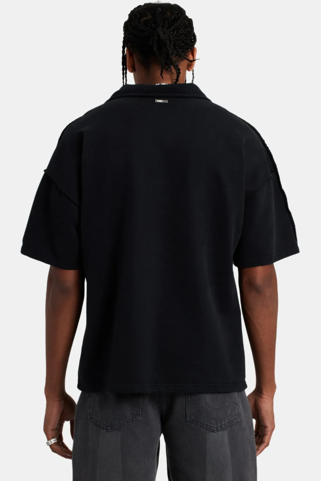 CLO-TOP-HS-SWE Short Sleeve Exposed Seam Collared Sweatshirt - Black
