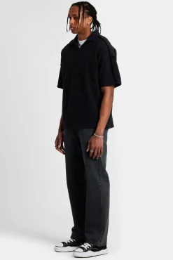 CLO-TOP-HS-SWE Short Sleeve Exposed Seam Collared Sweatshirt - Black
