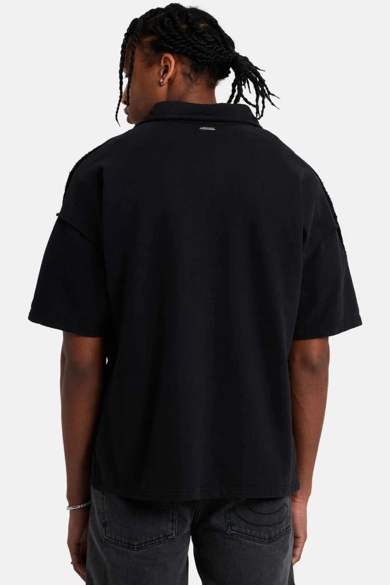 CLO-TOP-HS-SWE Short Sleeve Exposed Seam Collared Sweatshirt - Black