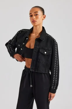 Women CLO-TOP-OUT-DEN Stud Cropped Denim Jacket - Washed Black