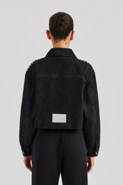 Women CLO-TOP-OUT-DEN Stud Cropped Denim Jacket - Washed Black