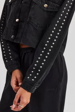 Women CLO-TOP-OUT-DEN Stud Cropped Denim Jacket - Washed Black