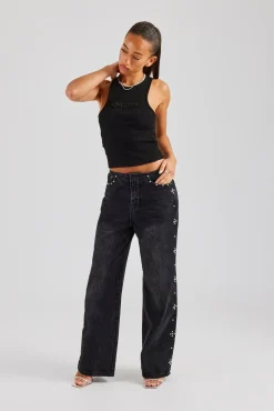 Women CLO-BOT-DEN Stud Detail Baggy Jean - Washed Black