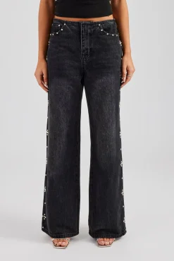 Women CLO-BOT-DEN Stud Detail Baggy Jean - Washed Black