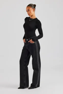 Women CLO-BOT-DEN Stud Flare Jean - Washed Black