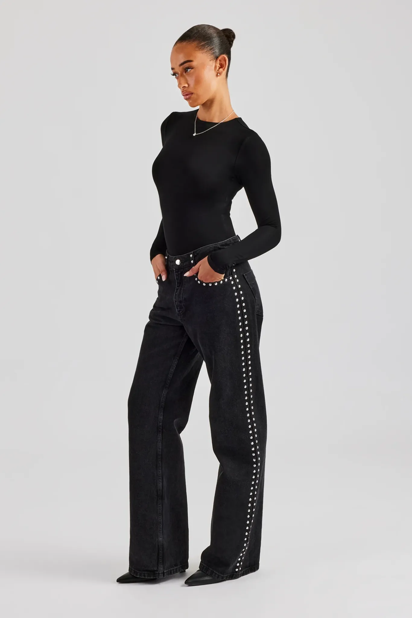 Women CLO-BOT-DEN Stud Flare Jean - Washed Black
