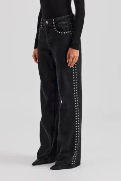 Women CLO-BOT-DEN Stud Flare Jean - Washed Black
