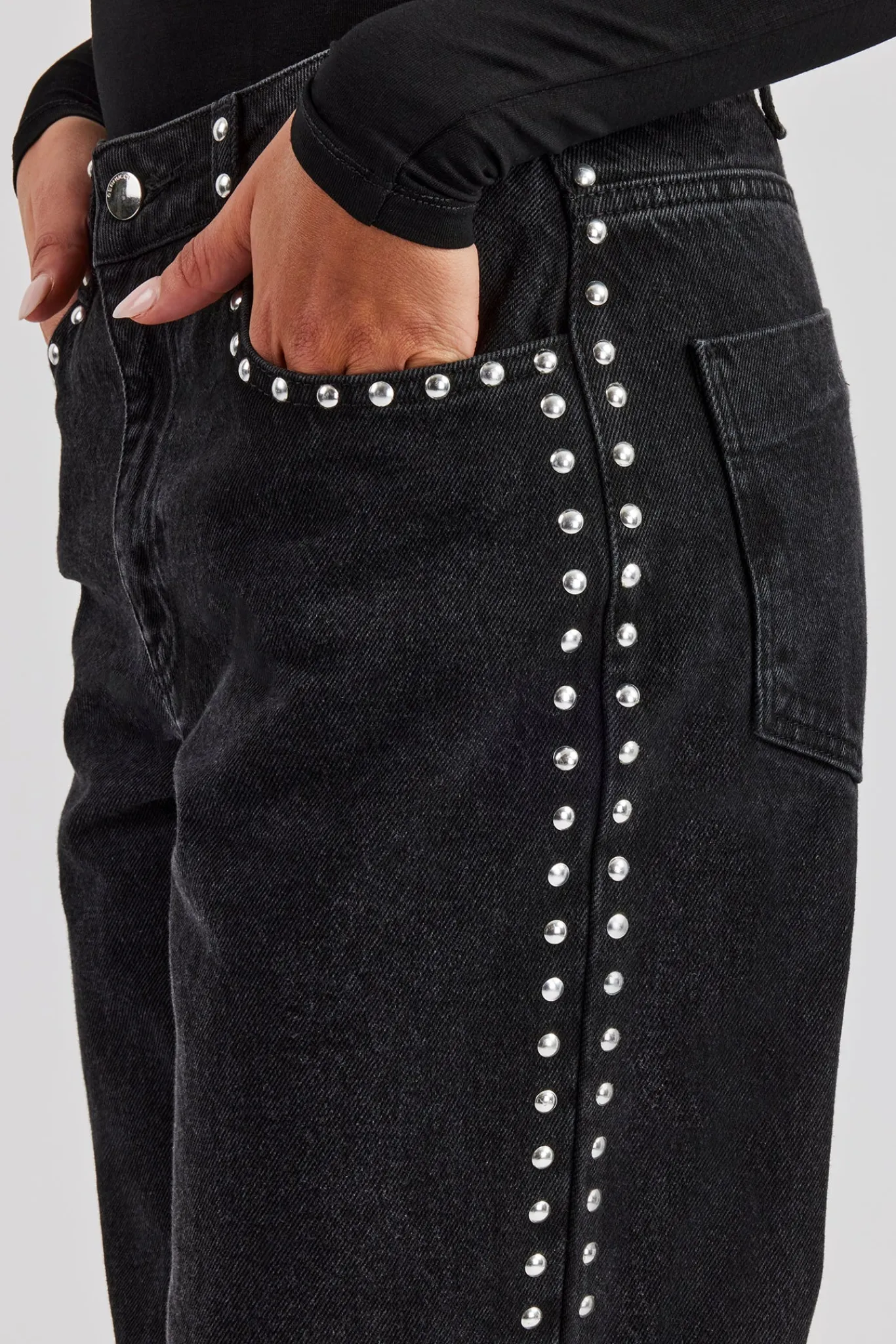 Women CLO-BOT-DEN Stud Flare Jean - Washed Black