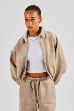 Women CLO-TOP-OUT Suede Collared Bomber Jacket - Beige
