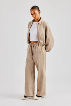 Women CLO-TOP-OUT Suede Collared Bomber Jacket - Beige
