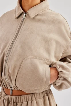 Women CLO-TOP-OUT Suede Collared Bomber Jacket - Beige