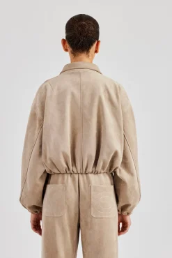 Women CLO-TOP-OUT Suede Collared Bomber Jacket - Beige