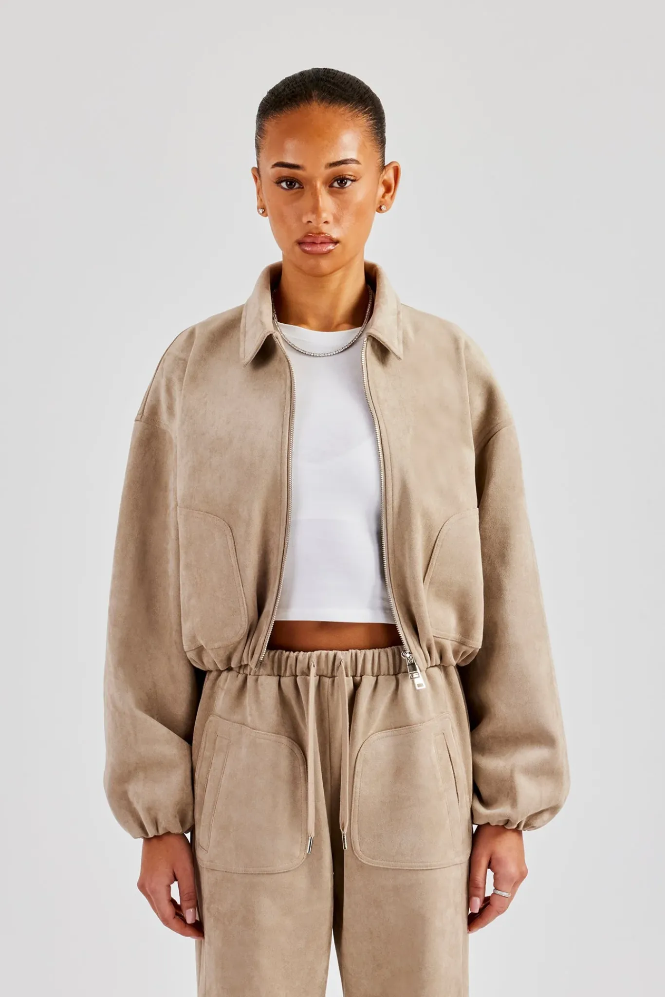 Women CLO-SET Suede Collared Bomber Jacket & Wide Leg Trouser - Beige