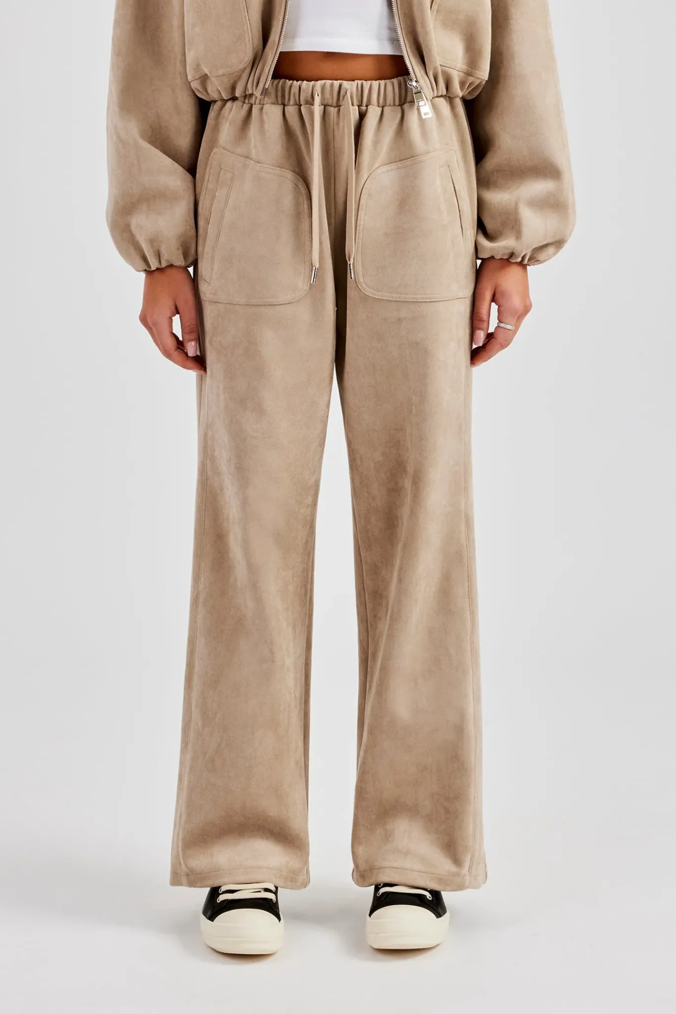 Women CLO-SET Suede Collared Bomber Jacket & Wide Leg Trouser - Beige