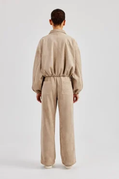 Women CLO-SET Suede Collared Bomber Jacket & Wide Leg Trouser - Beige