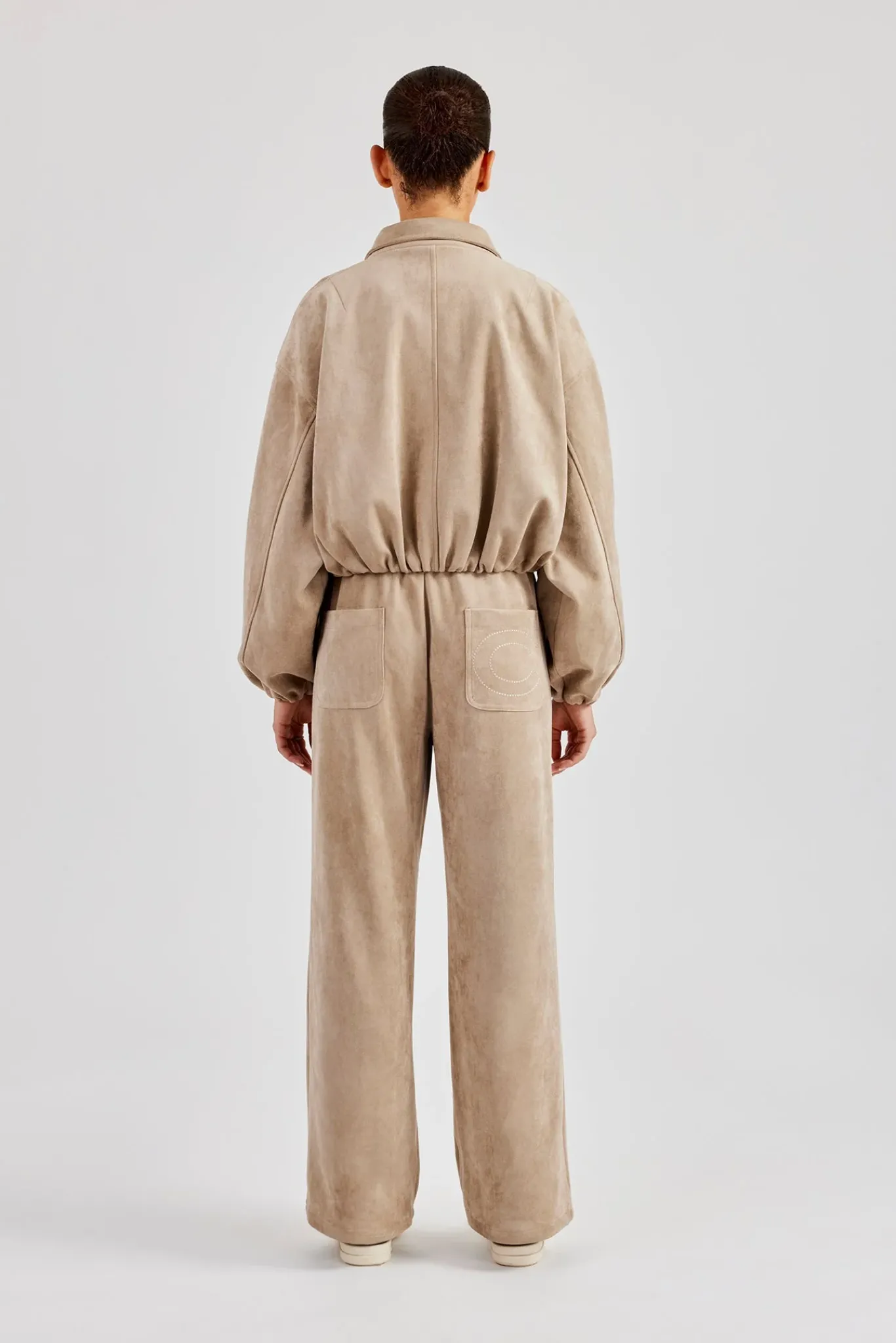Women CLO-SET Suede Collared Bomber Jacket & Wide Leg Trouser - Beige