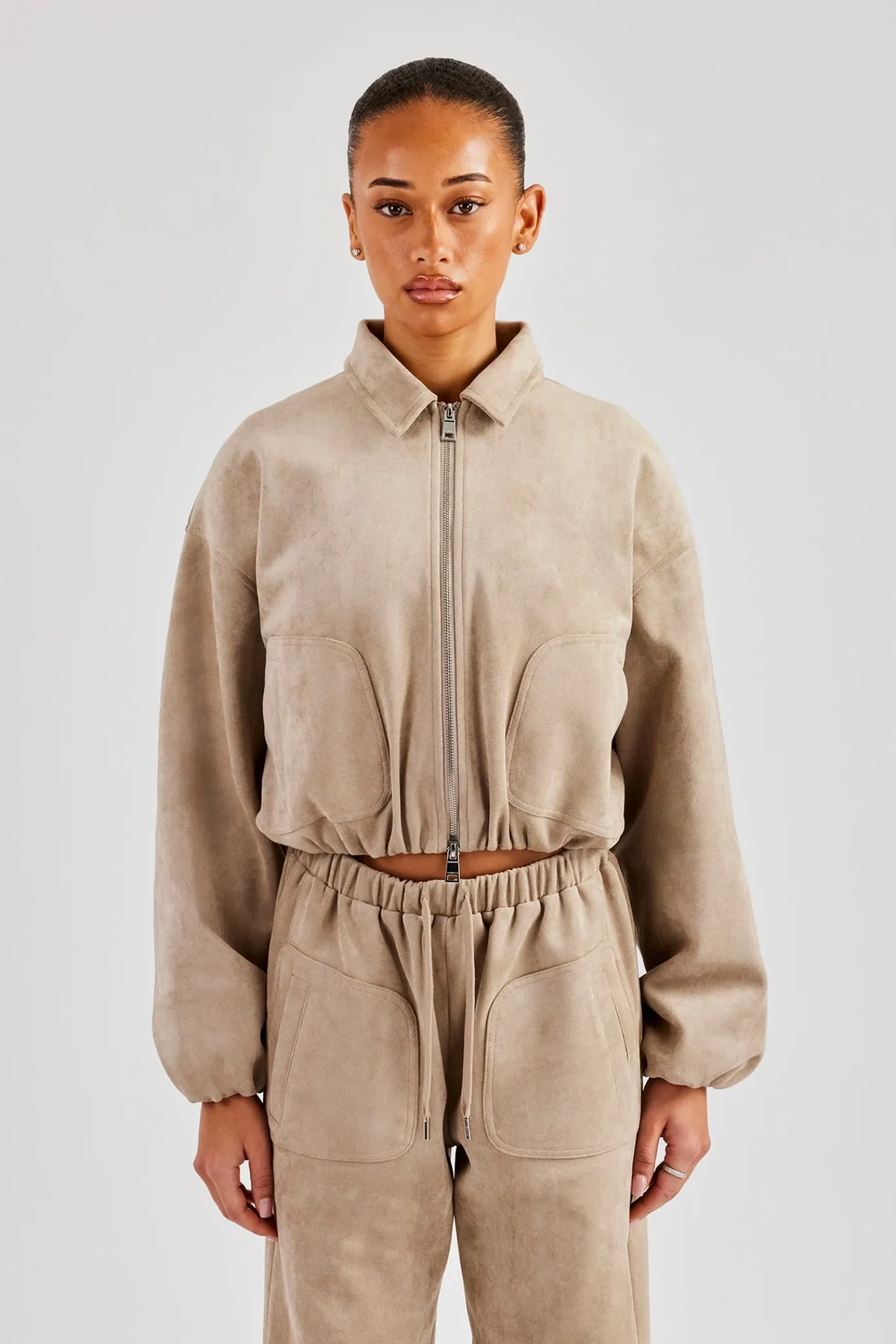 Women CLO-SET Suede Collared Bomber Jacket & Wide Leg Trouser - Beige