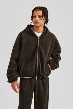 CLO-TOP-OUT Suede Zip Through Hooded Jacket - Charcoal