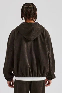 CLO-TOP-OUT Suede Zip Through Hooded Jacket - Charcoal