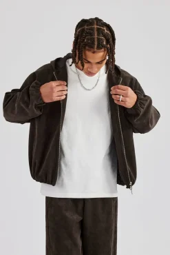 CLO-TOP-OUT Suede Zip Through Hooded Jacket - Charcoal