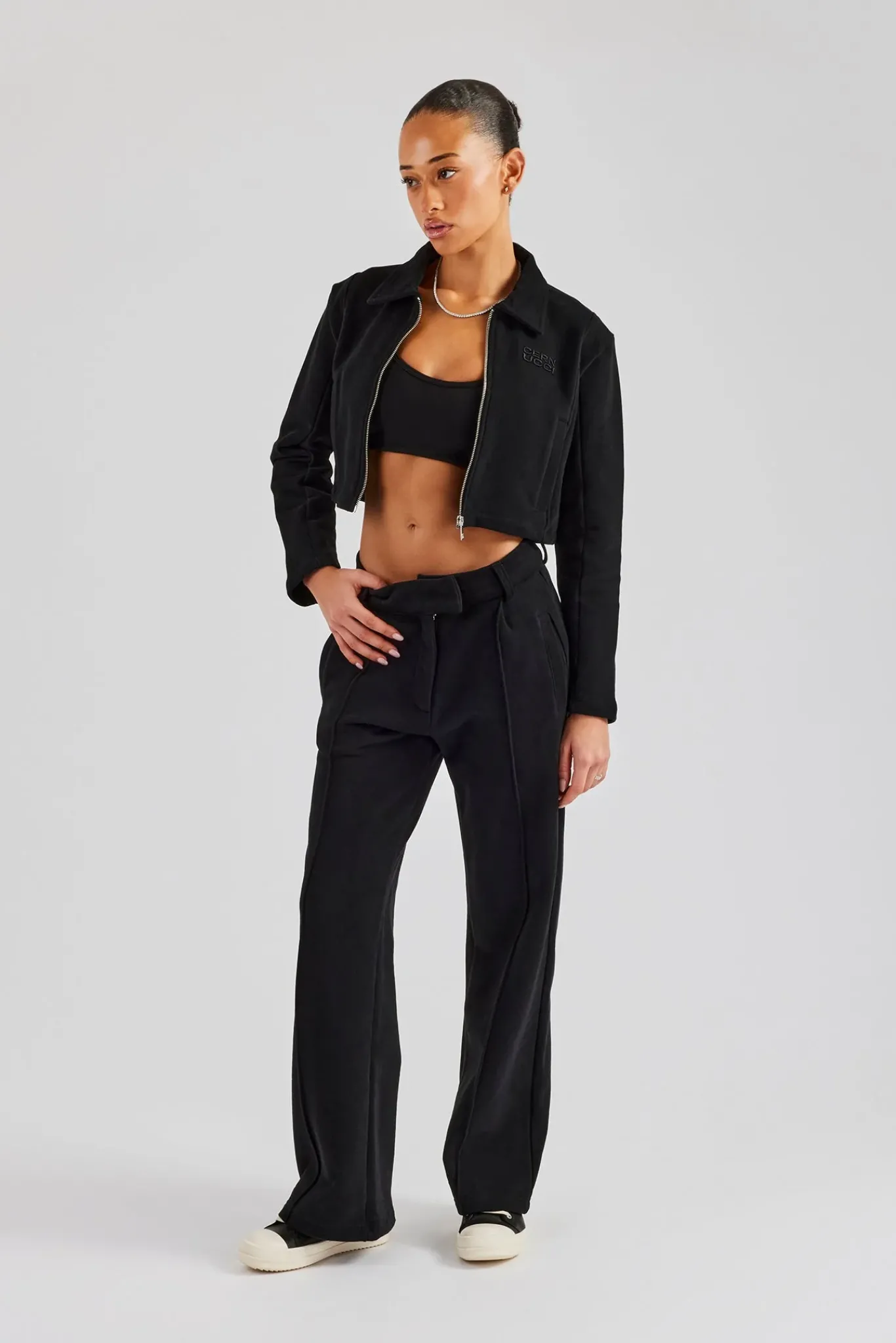 Women CLO-SET Tailored Jersey Cropped Harrington Jacket & Wide Leg Trouser - Black
