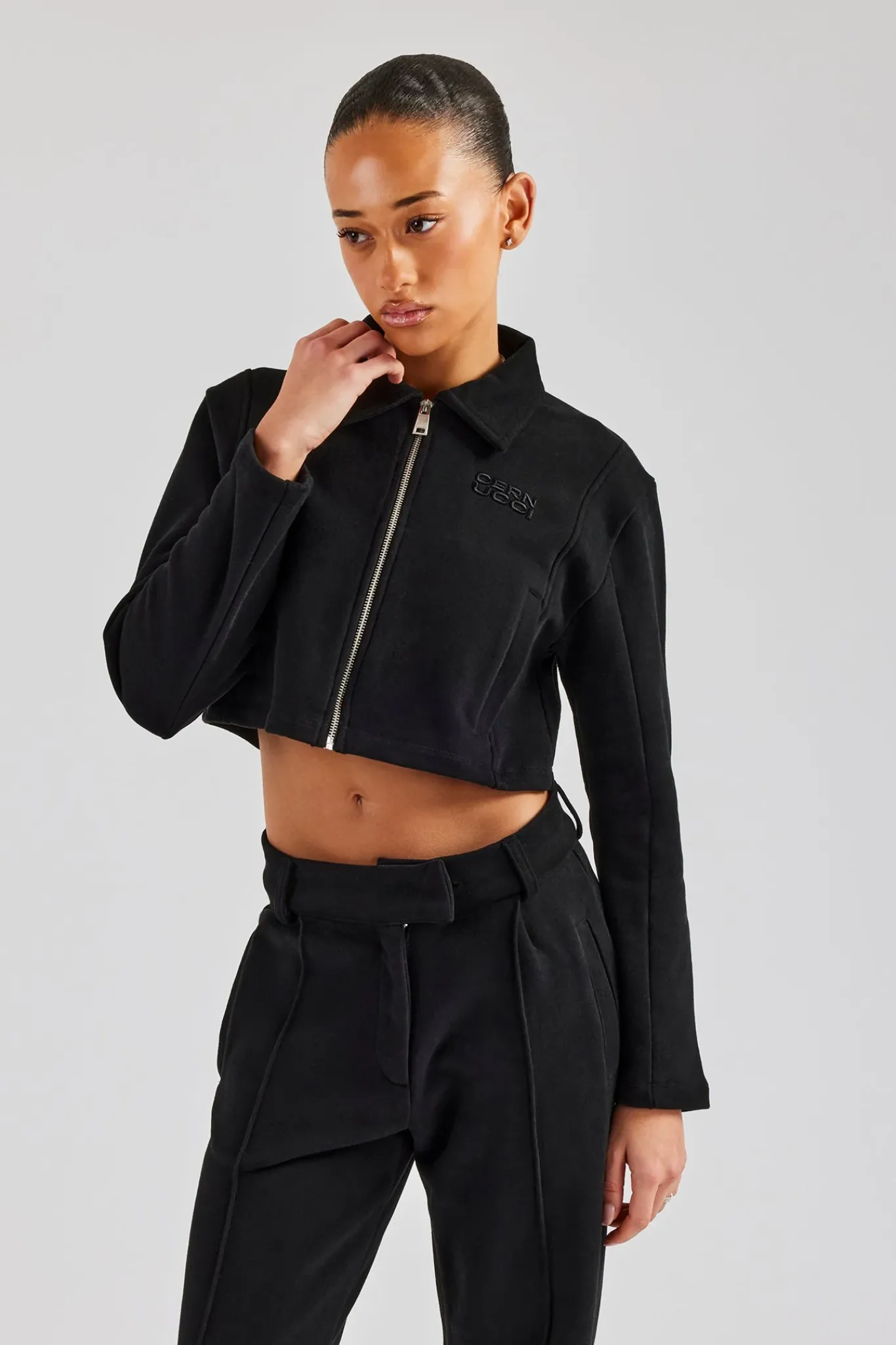Women CLO-SET Tailored Jersey Cropped Harrington Jacket & Wide Leg Trouser - Black