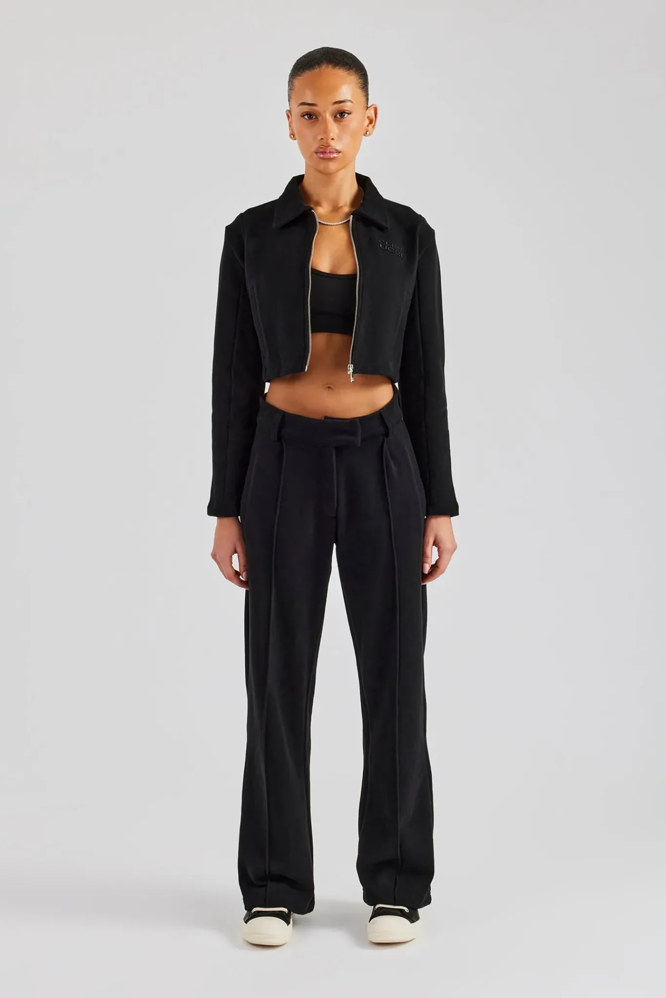 Women CLO-SET Tailored Jersey Cropped Harrington Jacket & Wide Leg Trouser - Black