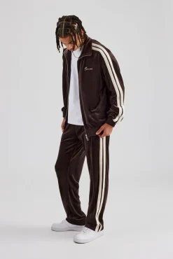CLO-BOT-TRO Taping Straight Leg Velour Track Pant - Chocolate