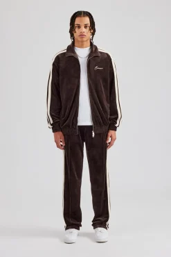 CLO-BOT-TRO Taping Straight Leg Velour Track Pant - Chocolate