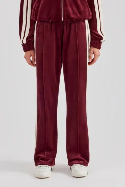 Women CLO-BOT-TRO Taping Wide Leg Velour Track Pant - Burgundy