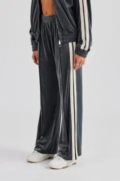 Women CLO-BOT-TRO Taping Wide Leg Velour Track Pant - Grey