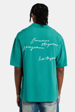 CLO-TOP-SHIR Text Print Bowling Shirt - Green