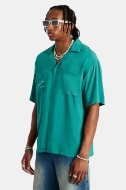 CLO-TOP-SHIR Text Print Bowling Shirt - Green