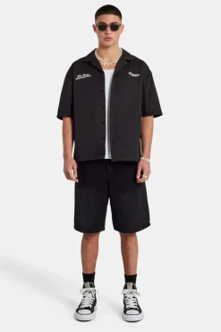 CLO-TOP-SHIR Text Print Boxy Shirt - Black