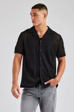 CLO-TOP-SHIR Textured Button Front Revere Shirt - Black