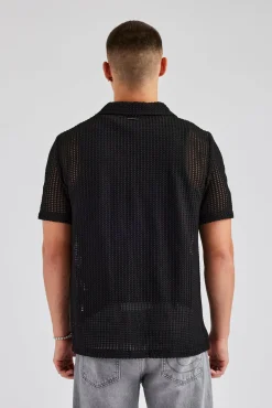 CLO-TOP-SHIR Textured Button Front Revere Shirt - Black