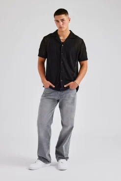 CLO-TOP-SHIR Textured Button Front Revere Shirt - Black