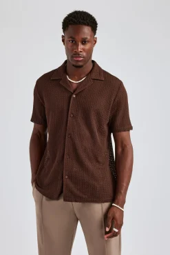 CLO-TOP-SHIR Textured Button Front Revere Shirt - Chocolate