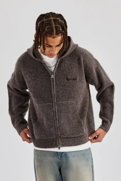 CLO-TOP-HS-HOOD-KTW Tonal Zip Through Knit Hoodie - Mocha
