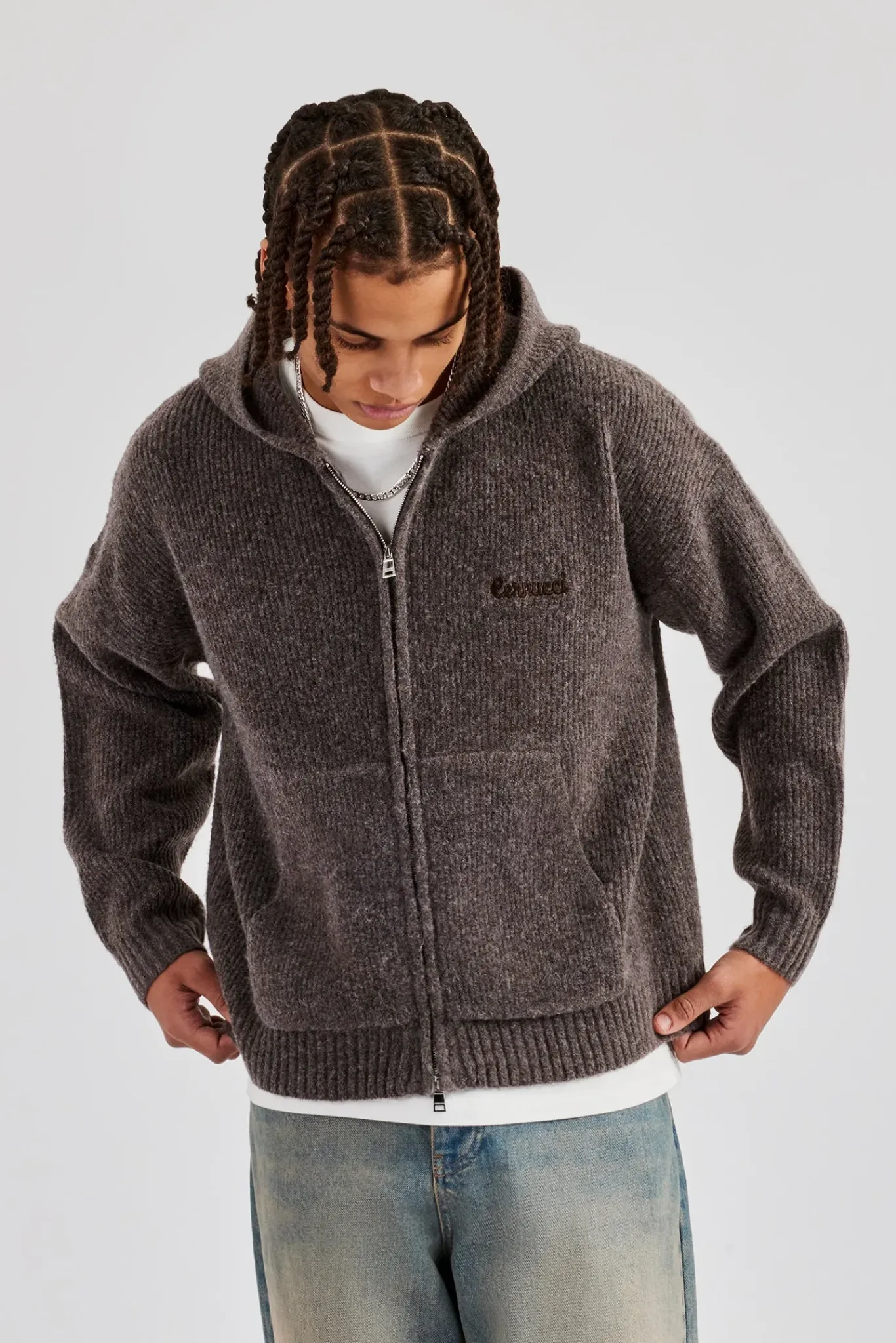 CLO-TOP-HS-HOOD-KTW Tonal Zip Through Knit Hoodie - Mocha