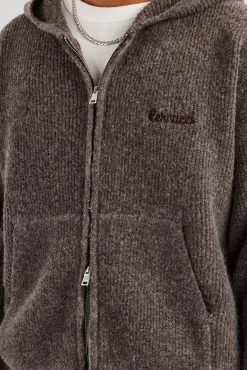CLO-TOP-HS-HOOD-KTW Tonal Zip Through Knit Hoodie - Mocha