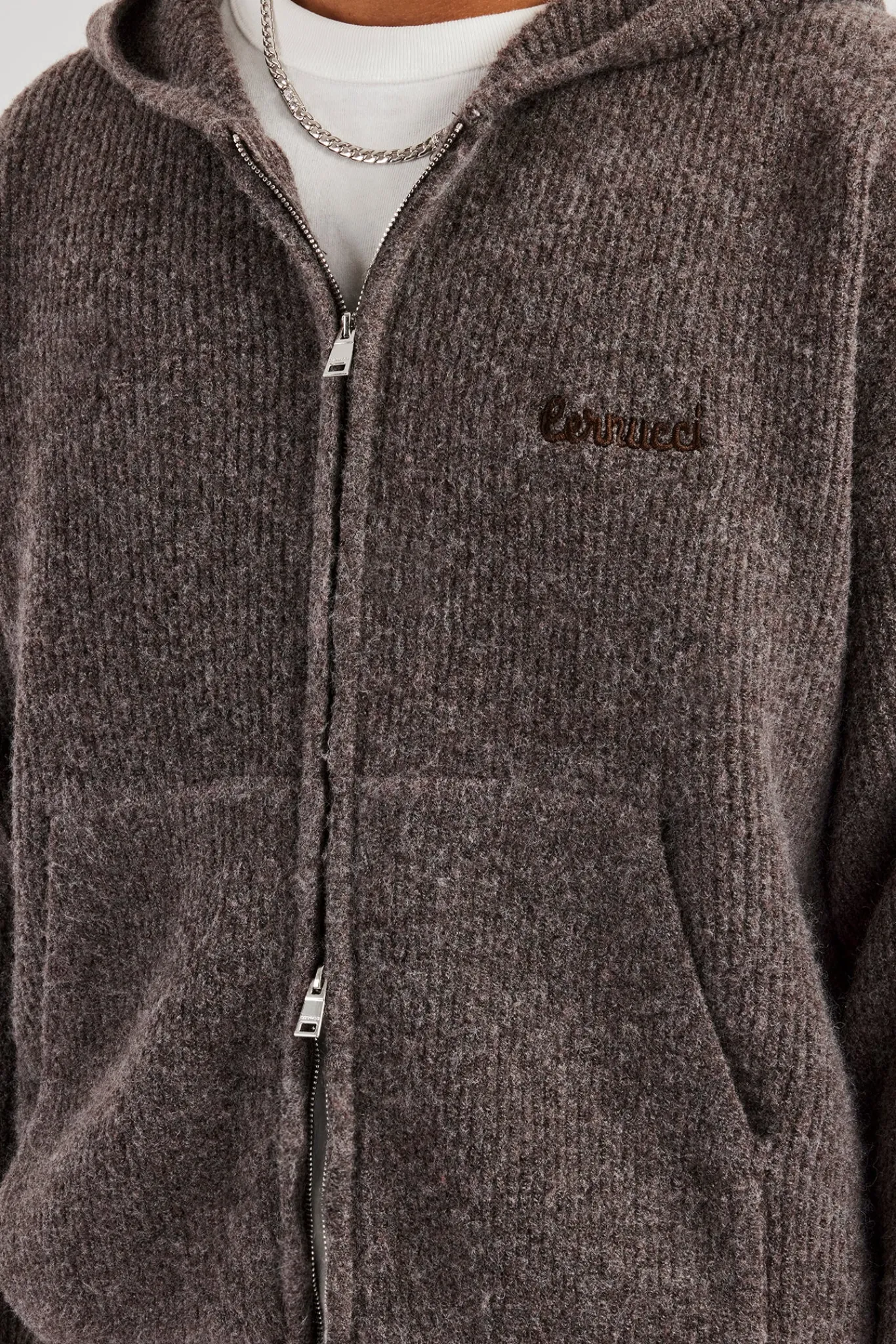 CLO-TOP-HS-HOOD-KTW Tonal Zip Through Knit Hoodie - Mocha