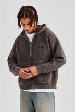 CLO-TOP-HS-HOOD-KTW Tonal Zip Through Knit Hoodie - Mocha