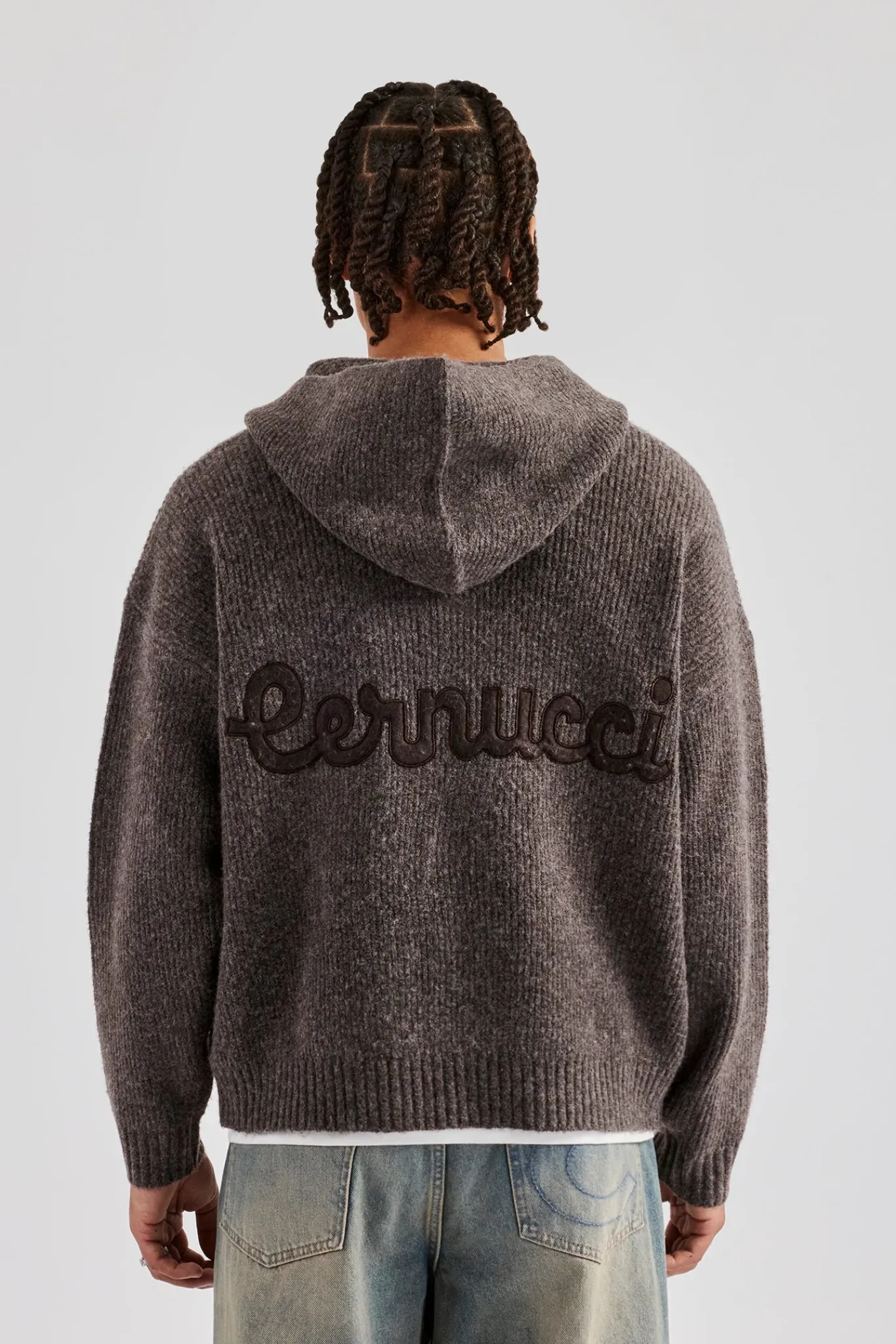 CLO-TOP-HS-HOOD-KTW Tonal Zip Through Knit Hoodie - Mocha