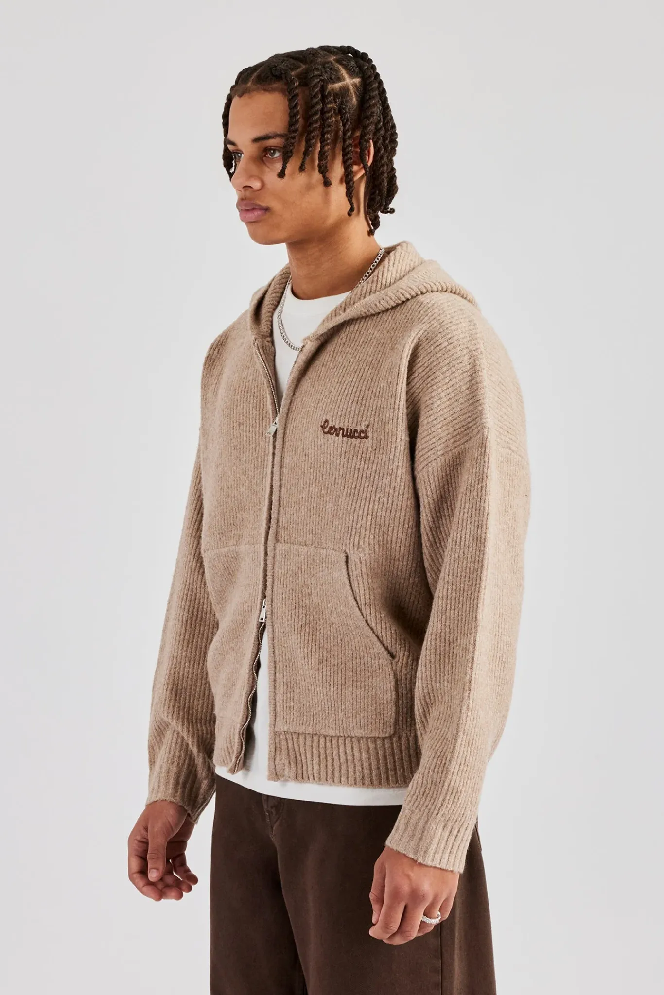 CLO-TOP-HS-HOOD-KTW Tonal Zip Through Knit Hoodie - Stone