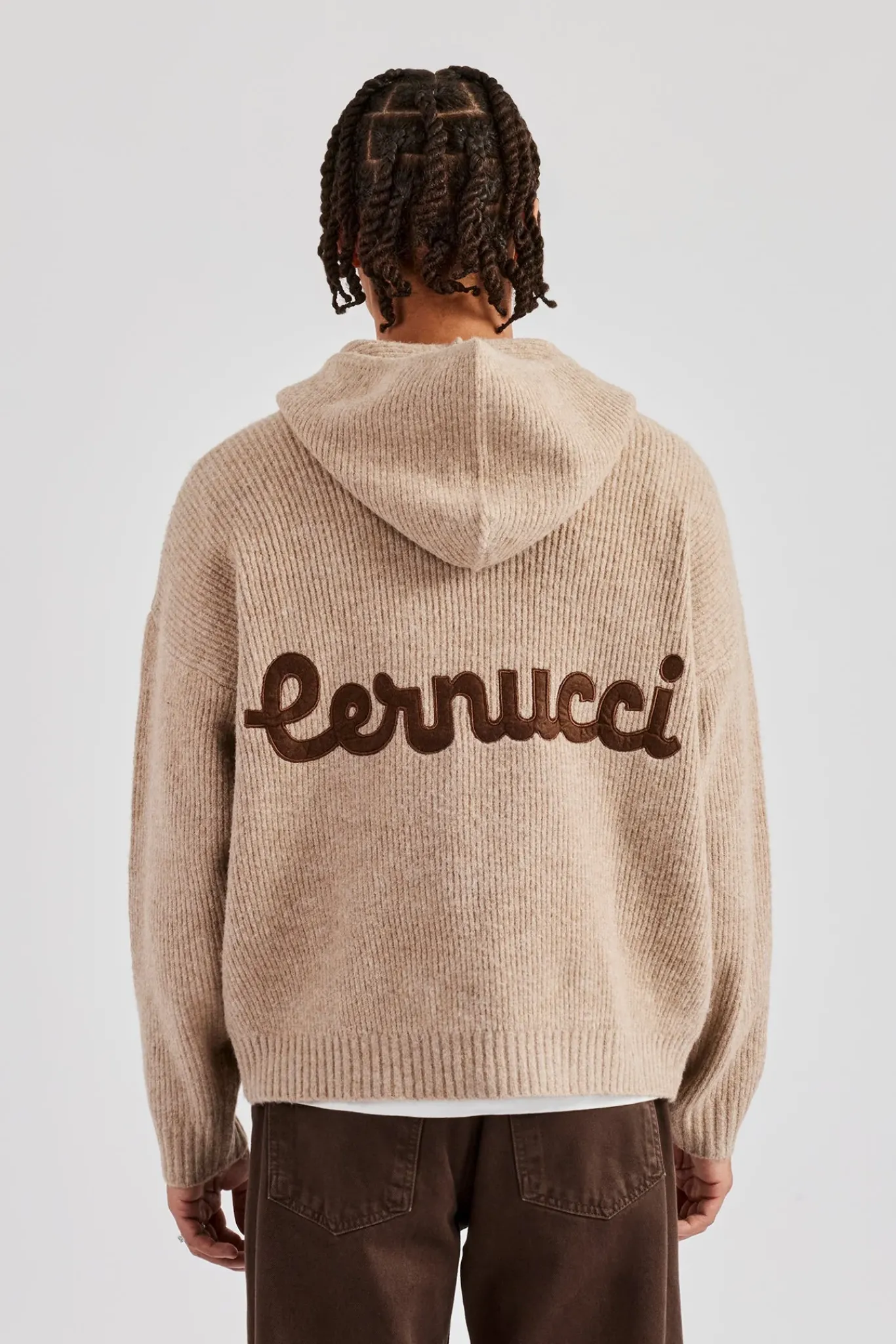 CLO-TOP-HS-HOOD-KTW Tonal Zip Through Knit Hoodie - Stone