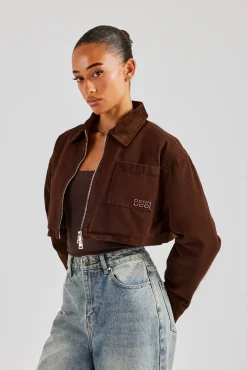 Women CLO-TOP-OUT Twill Cord Collar Harrington Jacket - Chocolate